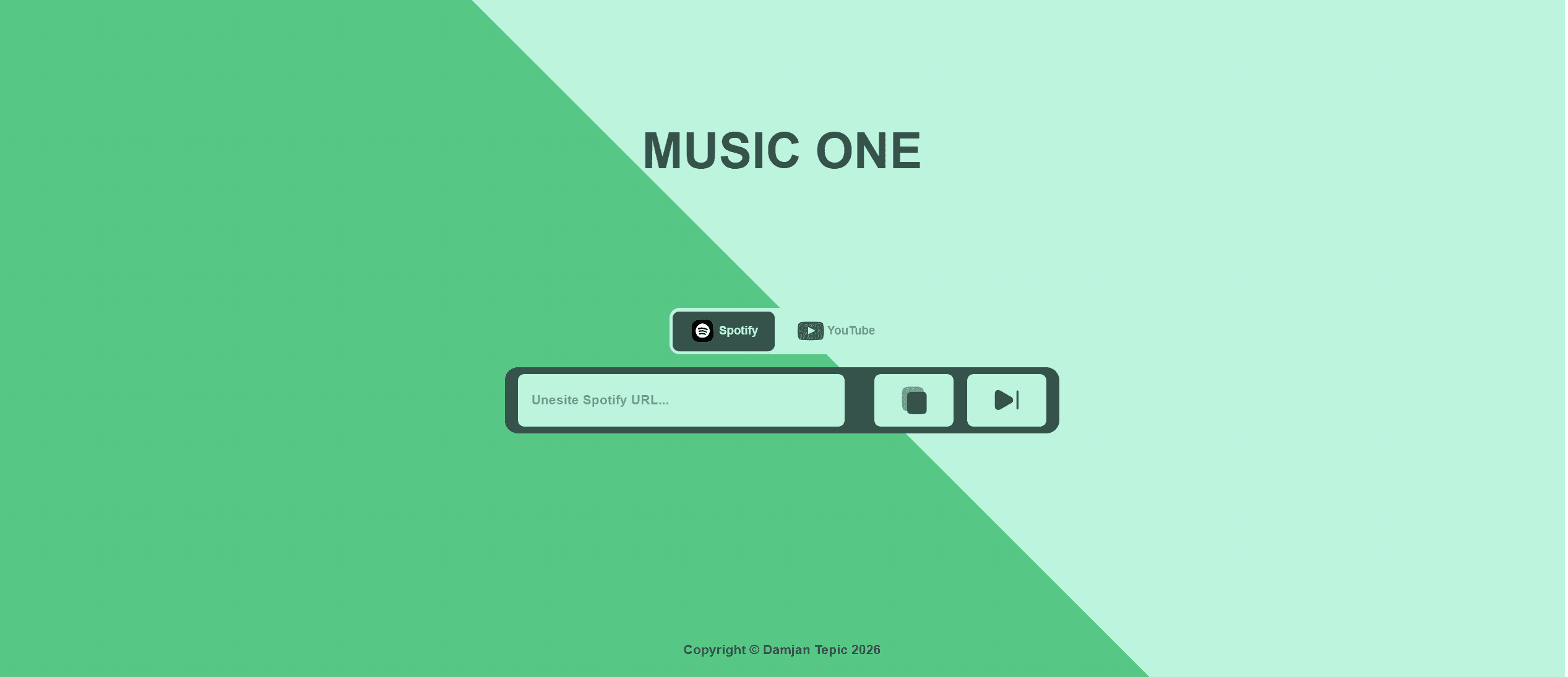 MusicOne home screen with Spotify and YouTube URL input