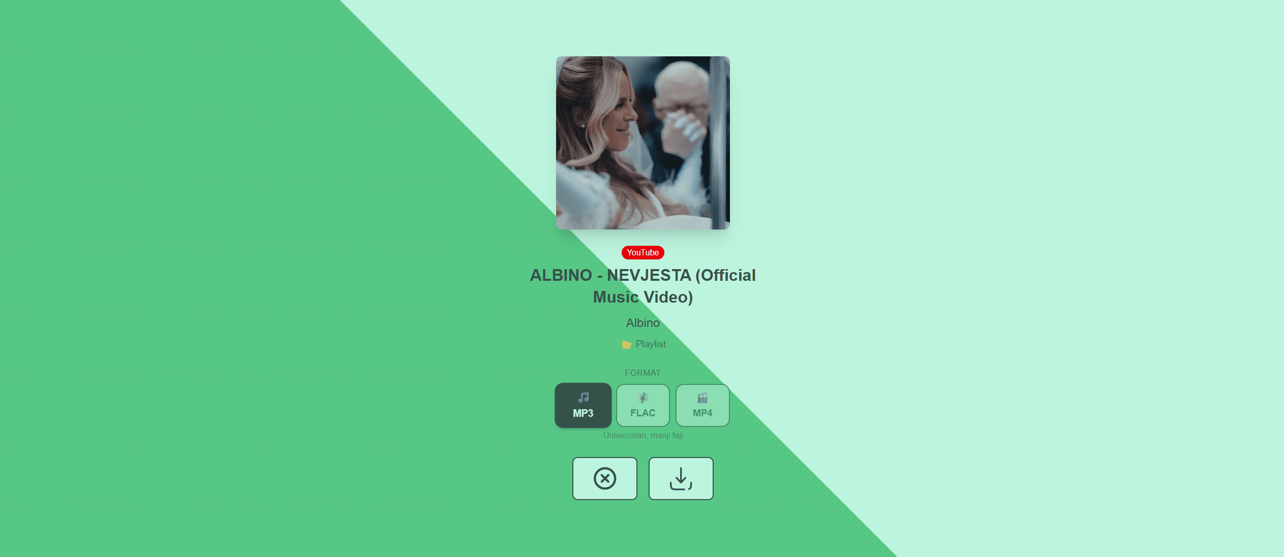 MusicOne download screen with cover art, format picker, and download actions
